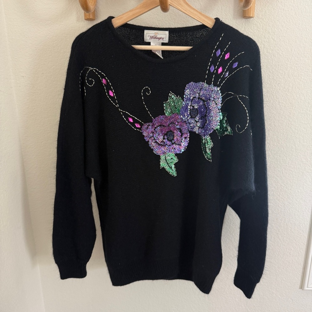 Worthington 80s vintage black sequins beaded floral silk angora blend sweater